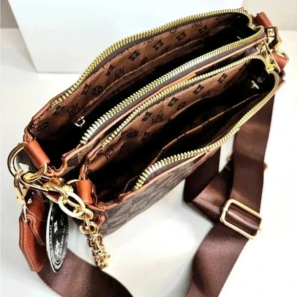 Designer Style Monogram Crossbody Bag Brown Gold Chain NWT - Picture 10 of 13